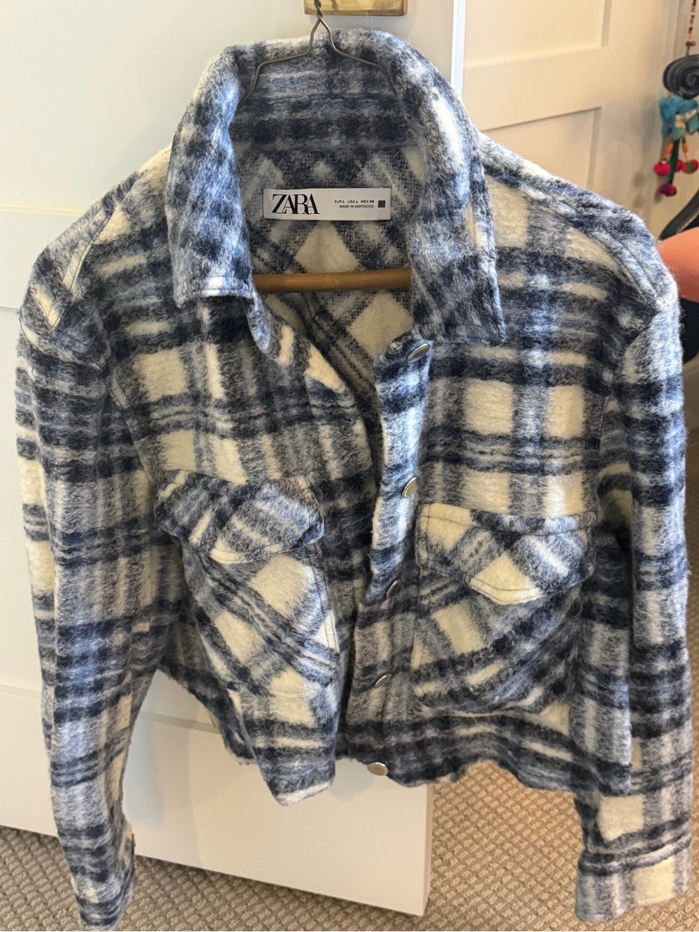 Zara women Blue & Cream Plaid Jacket cropped